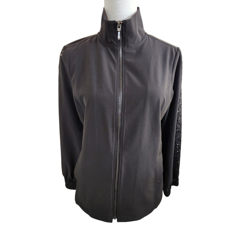 Chico's Zenergy Sz 0‎ Black Eyelet Sleeve Full Zip Jacket Mock Neck Womens Small